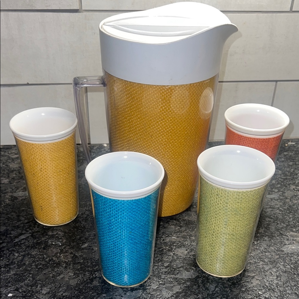 Vintage insulated Colorful Pitcher and Tumbler Set.